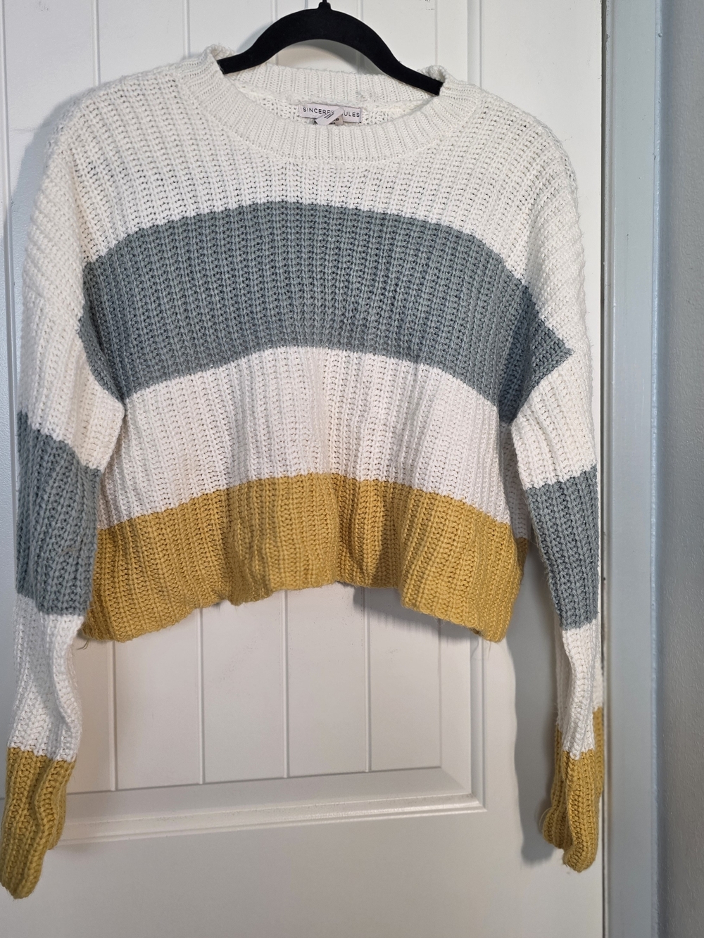 Sincerly Jules Cropped Colorblock Crewneck Sweater - White, Gray & Mustard